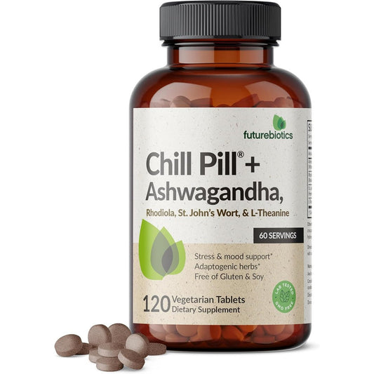 Futurebiotics Chill Pill Ashwagandha 120 tablets front view bottle for natural stress relief
