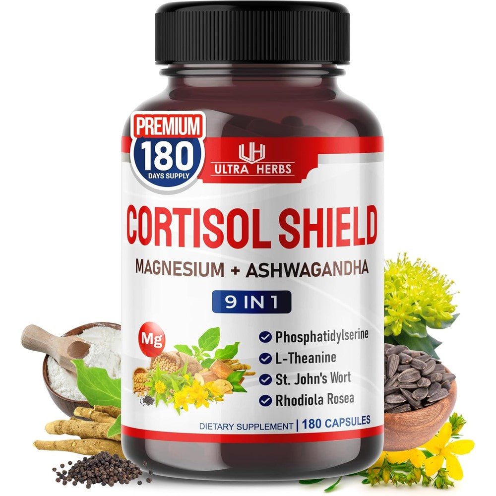 Ultra Herbs Cortisol Shield 9in1 bottle front view for relaxation supplement shoppers