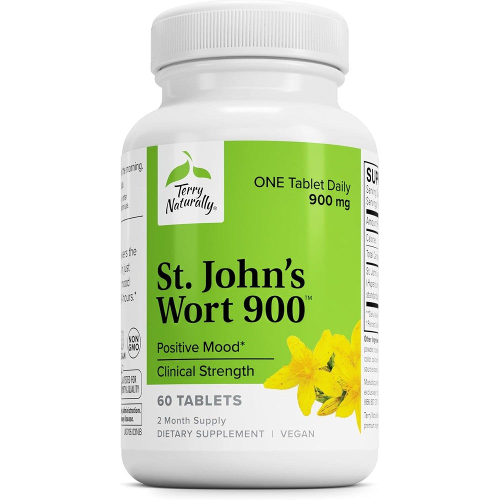 Terry Naturally St Johns Wort 900mg 60 Tablets front view bottle for mood support