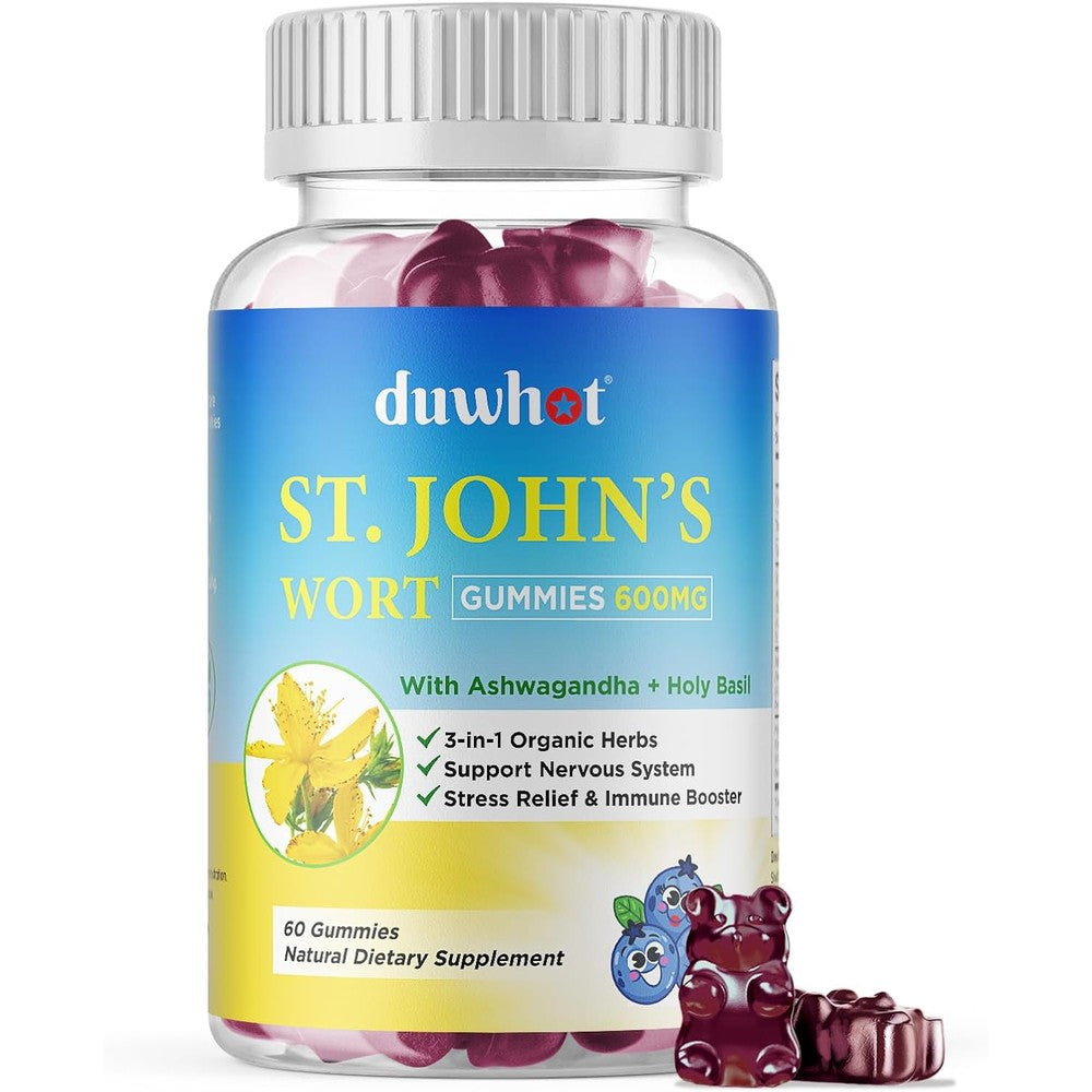 Duwhot St John's Wort and Ashwagandha organic herbal gummies front bottle view for stress relief