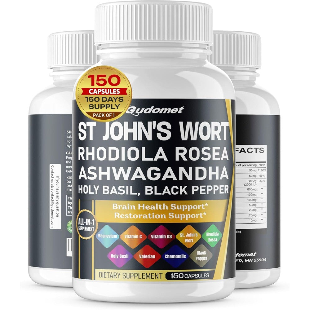 GUDOMET St Johns Wort Rhodiola Ashwagandha 150 capsules bottle front view for stress relief