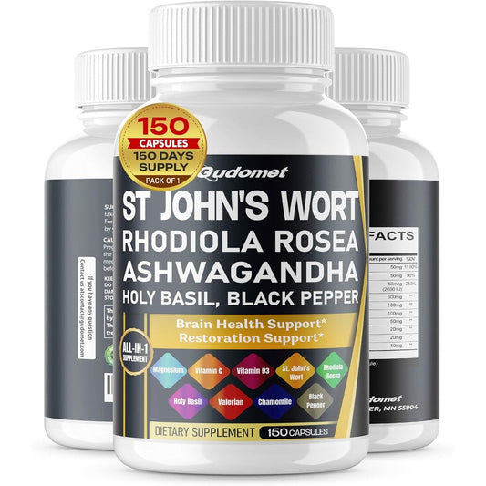 GUDOMET St Johns Wort Rhodiola Ashwagandha 150 capsules bottle front view for stress relief