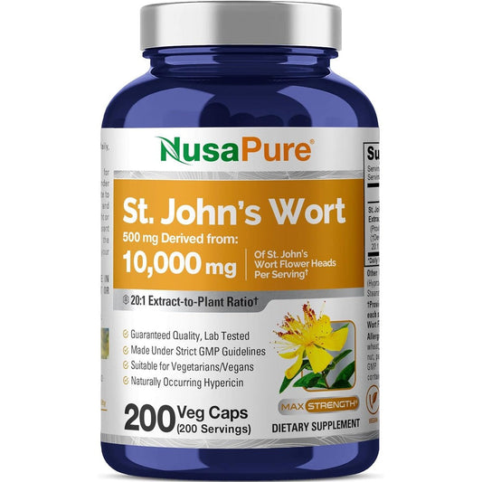 NusaPure St Johns Wort Extract 500mg front view bottle showing 200 veggie capsules label