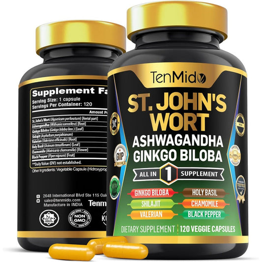 Tenmido St Johns Wort Complex 120 vegan capsules front bottle view for mood support