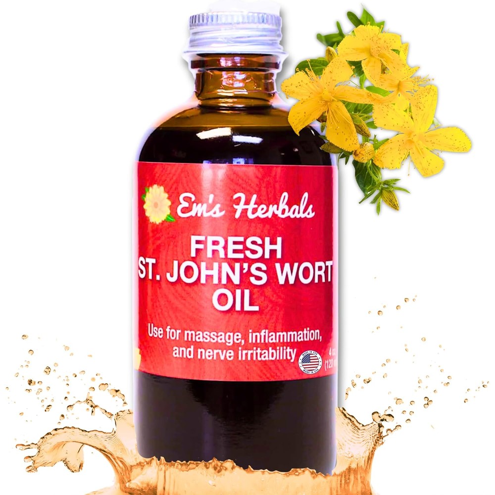 Em's Herbals Fresh St. Johns Wort Massage Oil front view bottle on a white backdrop