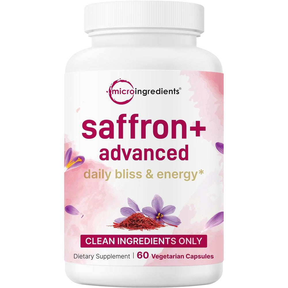 Micro Ingredients Saffron Advanced Supplements front view bottle containing sixty vegetarian capsules for mood support.