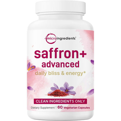 Micro Ingredients Saffron Advanced Supplements front view bottle containing sixty vegetarian capsules for mood support.