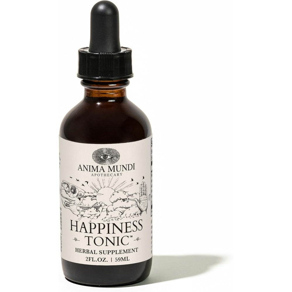 Anima Mundi Apothecary Herbal Ashwagandha Happiness Tonic 59ml bottle front view for premium stress relief supplements.