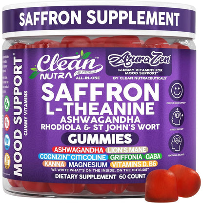Clean Nutraceuticals AuraZen Mood Support Saffron Gummies front view showing premium packaging.