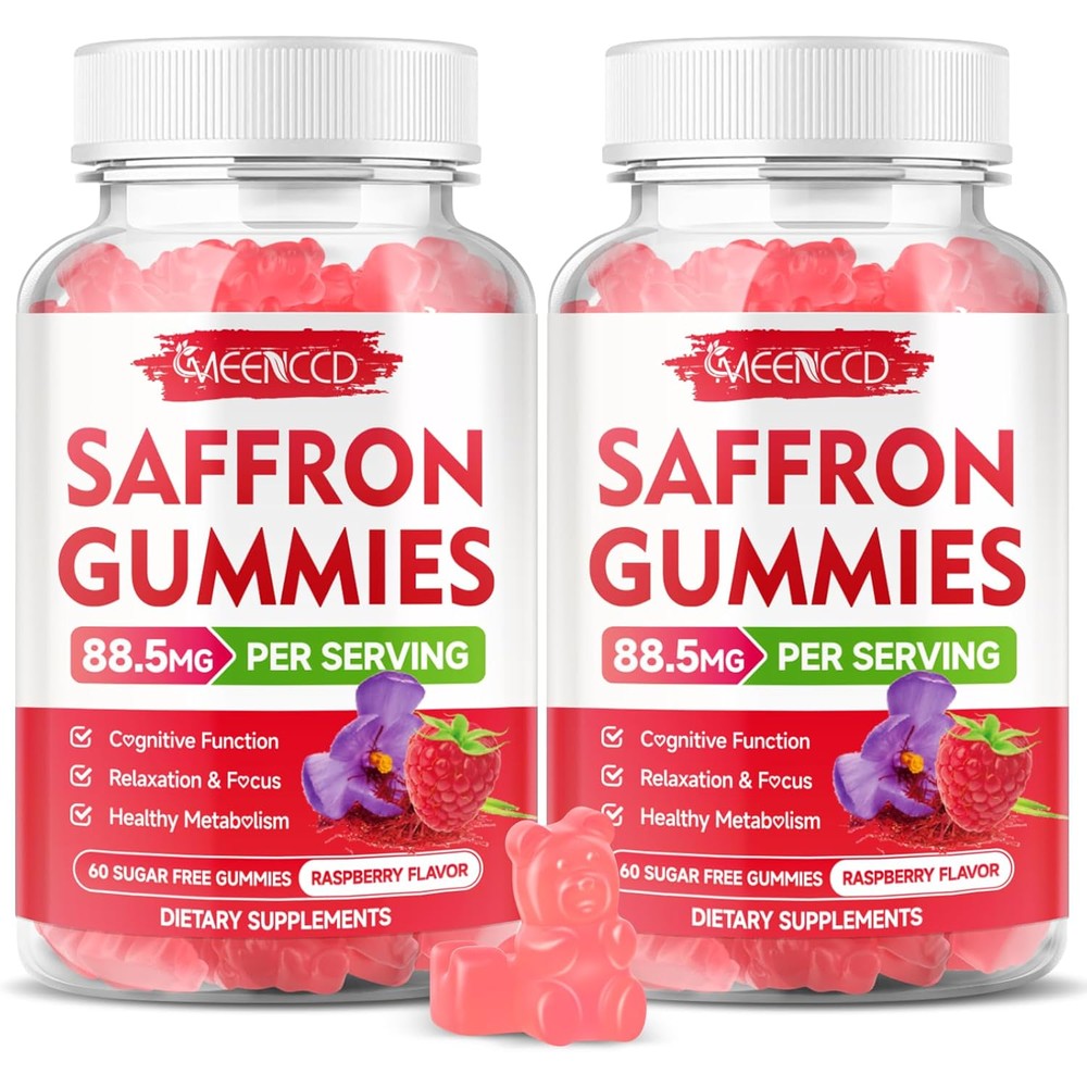 MEENCCD Saffron Gummies front view bottle showcasing the 10-in-1 formula for mood and focus.