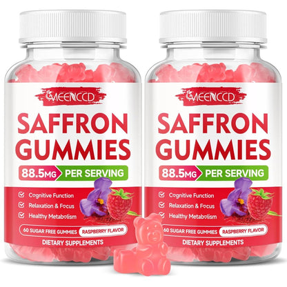 MEENCCD Saffron Gummies front view bottle showcasing the 10-in-1 formula for mood and focus.