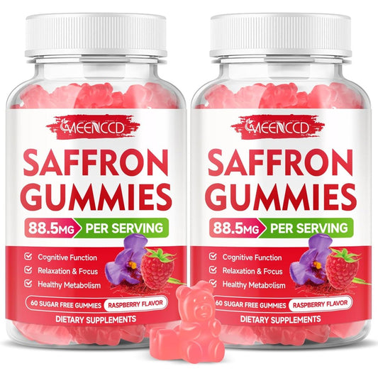 MEENCCD Saffron Gummies front view bottle showcasing the 10-in-1 formula for mood and focus.