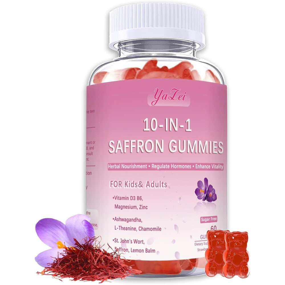Yalei Saffron Extract and Ashwagandha Sugar Free Herbal Supplements front view bottle of sixty gummies for mood and stress relief