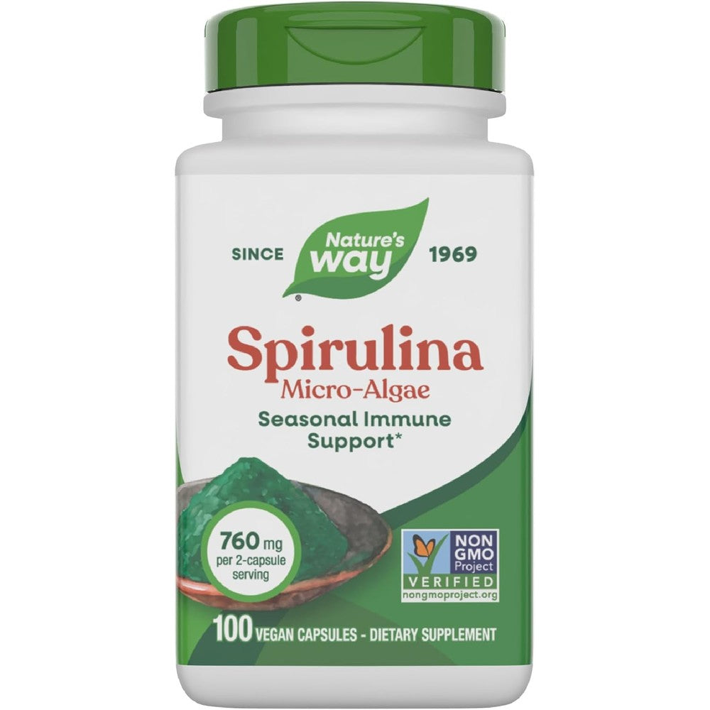 Nature's Way Spirulina Micro-Algae 100 vegan capsules bottle front view showing immune support benefits