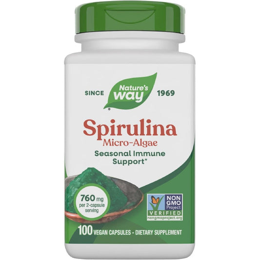 Nature's Way Spirulina Micro-Algae 100 vegan capsules bottle front view showing immune support benefits