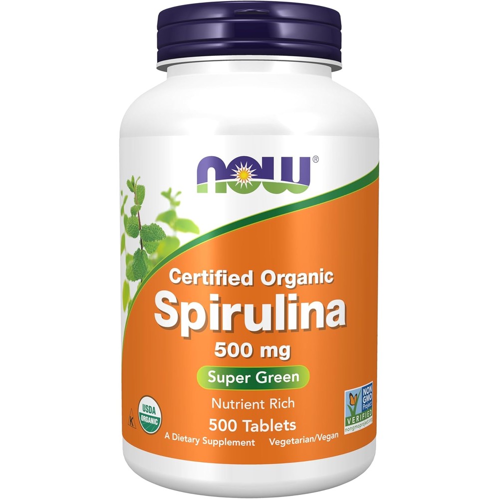 NOW Foods Certified Organic Spirulina 500 mg 500 Tablets front view bottle for immune support