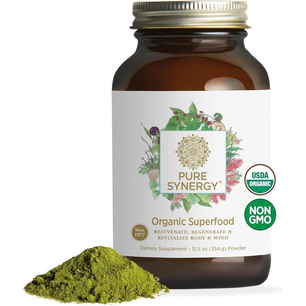 Pure Synergy Organic Superfood Powder 12.5 Ounce front view bottle showing green botanical label