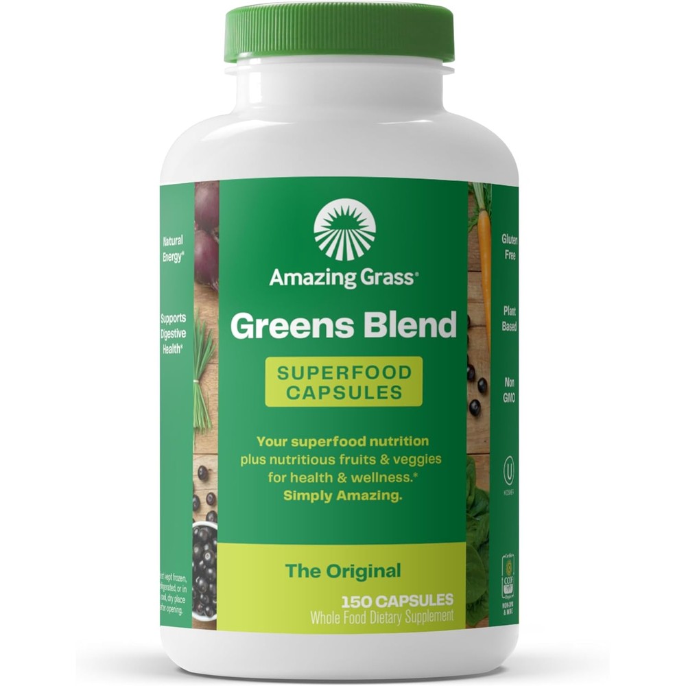 Amazing Grass Greens Blend Superfood 150 Capsules front packaging bottle for daily immunity supplement.