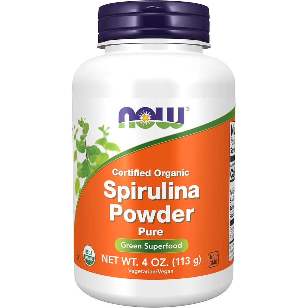 NOW Foods Organic Spirulina Powder front view packaging for nutritional daily wellness.