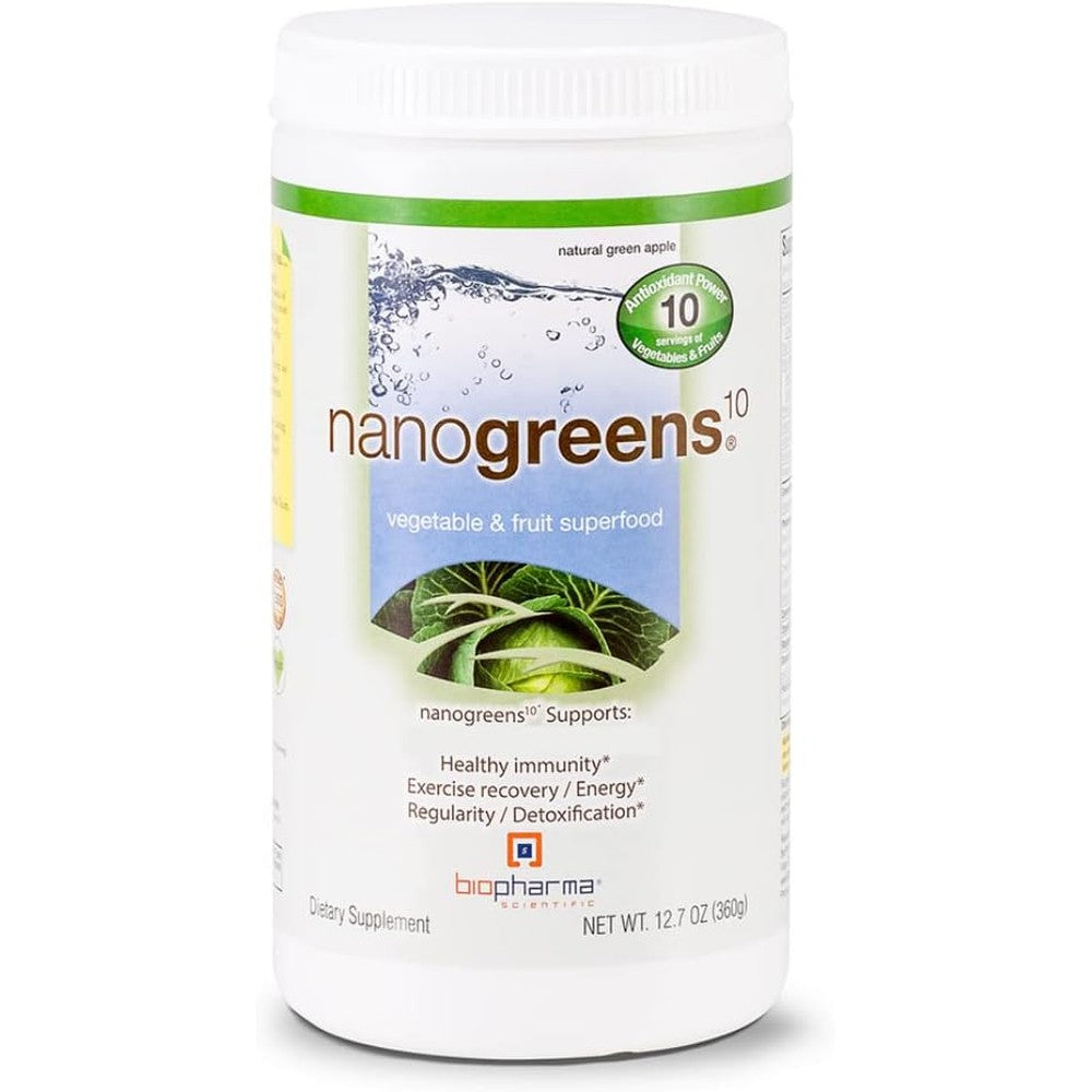 BioPharma Scientific NanoGreens Superfood Powder container front view showing green apple flavor