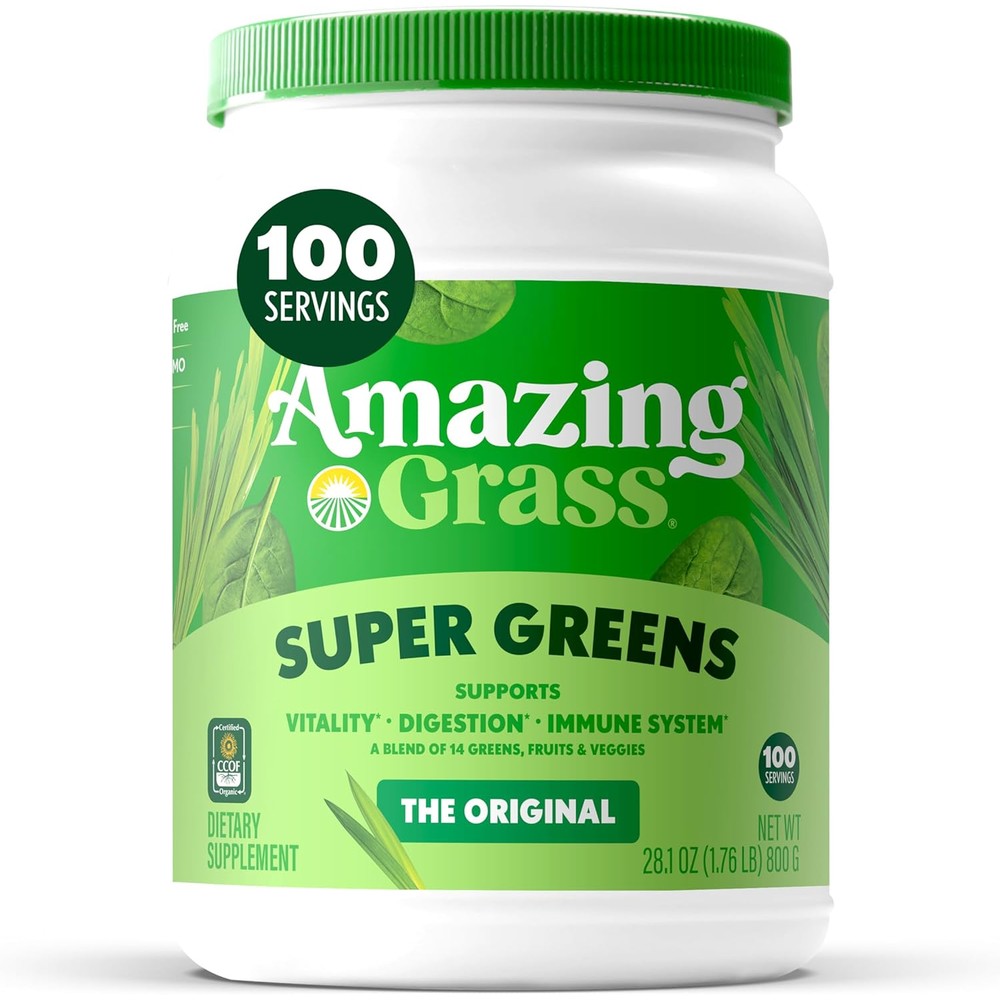 Amazing Grass Greens Blend Superfood Original 100 Servings tub front view showing organic super greens powder branding