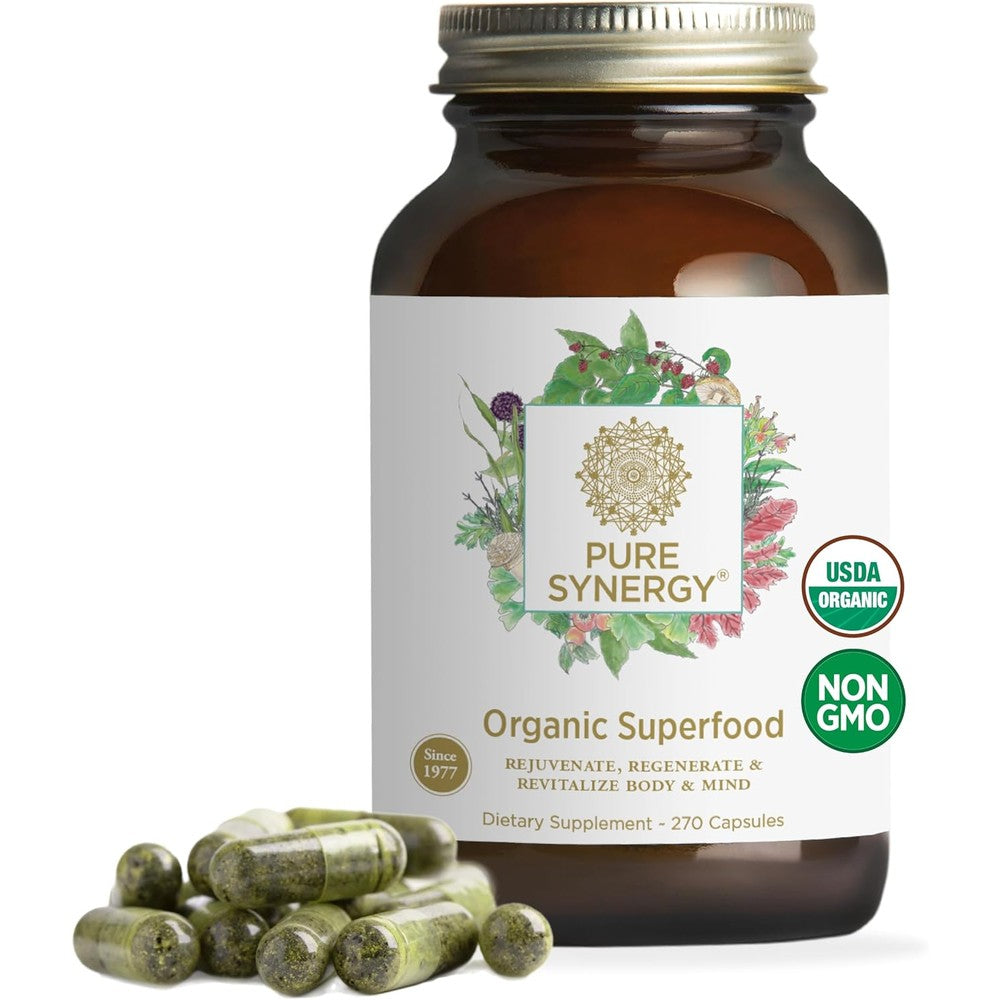 Pure Synergy Organic Superfood Greens 270 Capsules bottle front view showing USDA Organic certification label