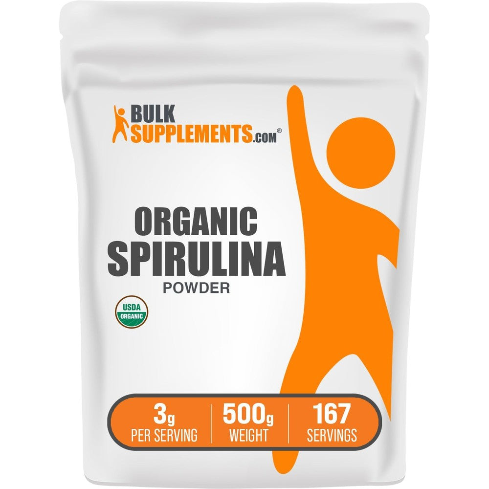 BulkSupplements Organic Spirulina Powder 500 Grams front packaging view showing USDA organic seal for immune support.