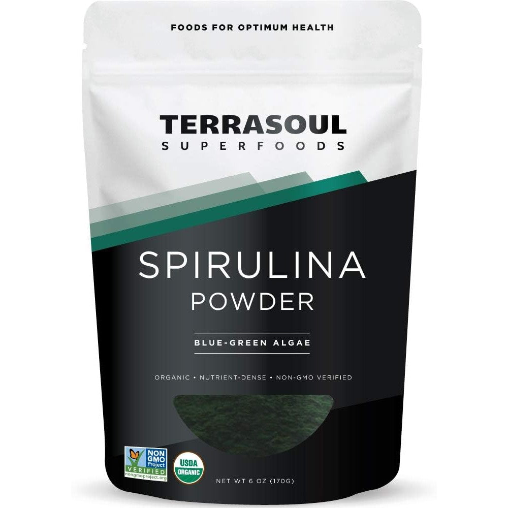 Terrasoul Superfoods Organic Spirulina Powder front view pouch for vegan protein green smoothies