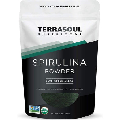 Terrasoul Superfoods Organic Spirulina Powder front view pouch for vegan protein green smoothies