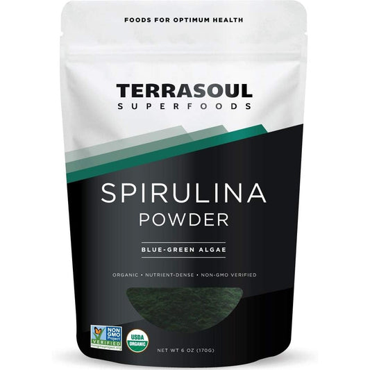 Terrasoul Superfoods Organic Spirulina Powder front view pouch for vegan protein green smoothies