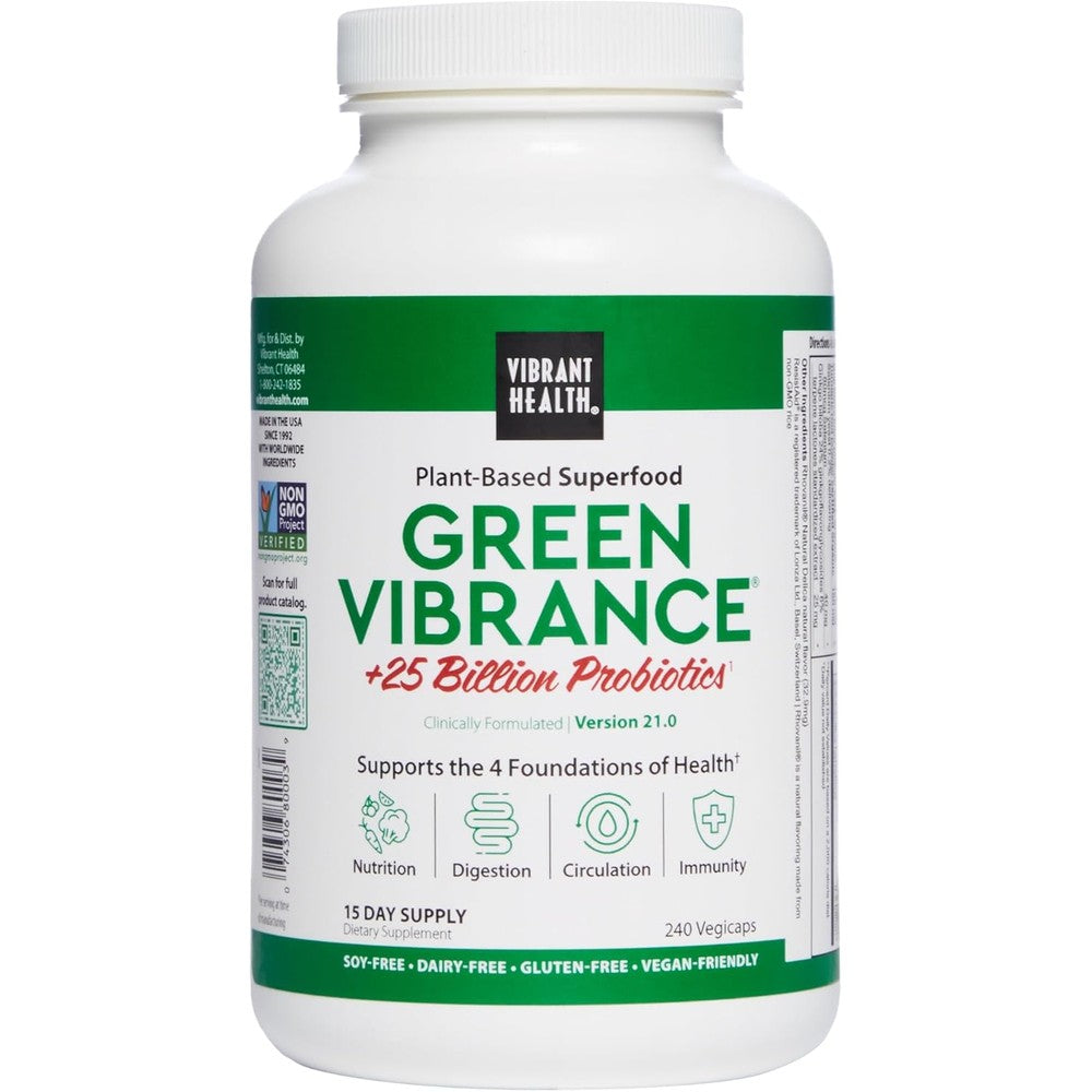 Vibrant Health Green Vibrance Vegan Superfood Capsules front view of the bottle showing premium imported daily greens supplement.