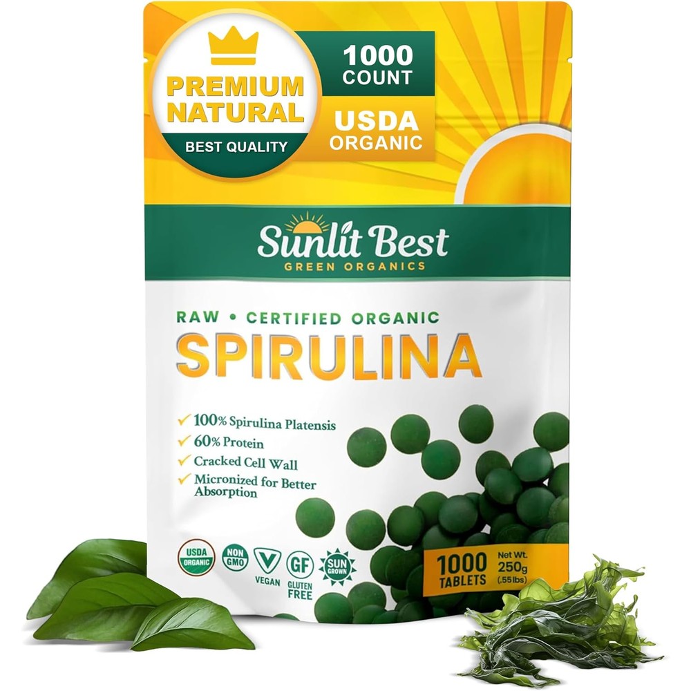 Sunlit Best Green Organics Spirulina 1000 tablets front view showing organic certification.