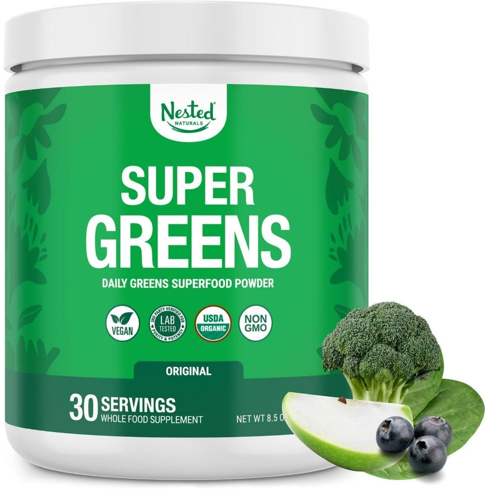 Nested Naturals Super Greens Daily Superfood Powder front view of 308 grams container