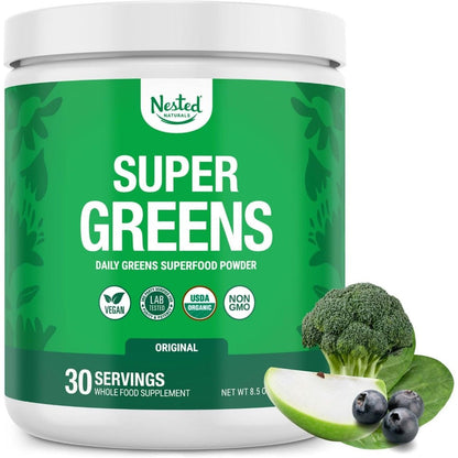 Nested Naturals Super Greens Daily Superfood Powder front view of 308 grams container