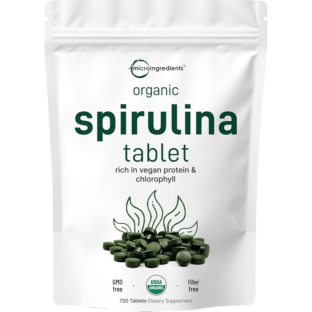 Micro Ingredients Organic Spirulina Supplement front view of 720 tablets bottle packaging