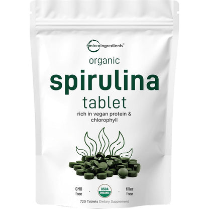 Micro Ingredients Organic Spirulina Supplement front view of 720 tablets bottle packaging