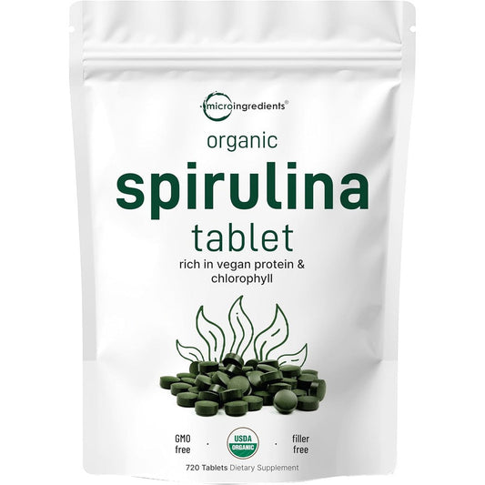 Micro Ingredients Organic Spirulina Supplement front view of 720 tablets bottle packaging
