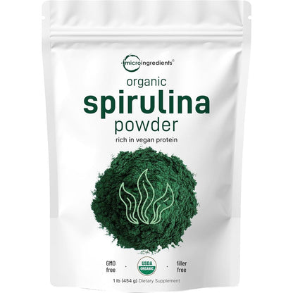 Micro Ingredients Organic Spirulina Powder 1lb front view pouch packaging