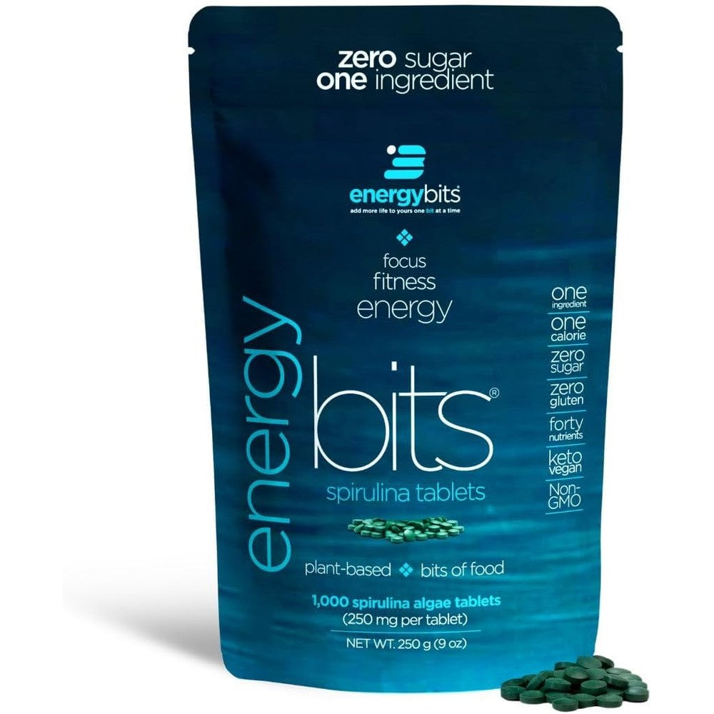 ENERGYBITS Organic Spirulina Tablets front view packaging of one thousand count bag for plant based energy