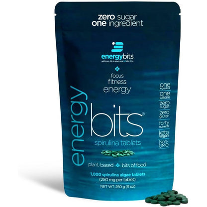 ENERGYBITS Organic Spirulina Tablets front view packaging of one thousand count bag for plant based energy