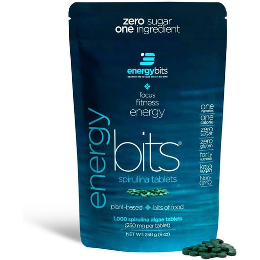 ENERGYBITS Organic Spirulina Tablets front view packaging of one thousand count bag for plant based energy