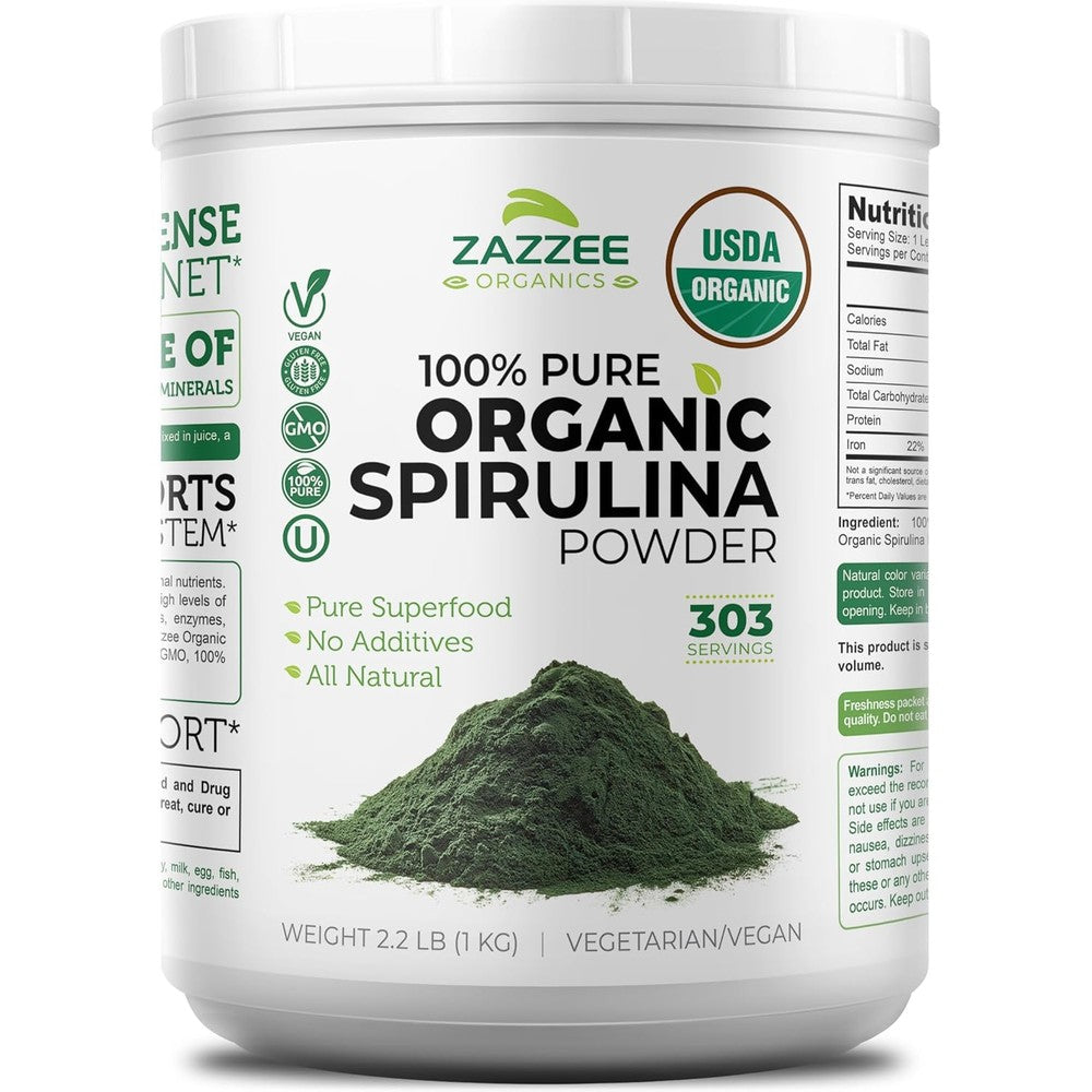 Zazzee Organic Spirulina Powder One Kilogram front view container for healthy smoothies