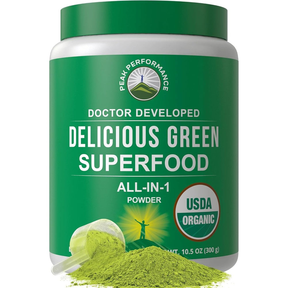 Peak Performance Organic Greens Superfood Powder front view of authentic USA imported dietary supplement container