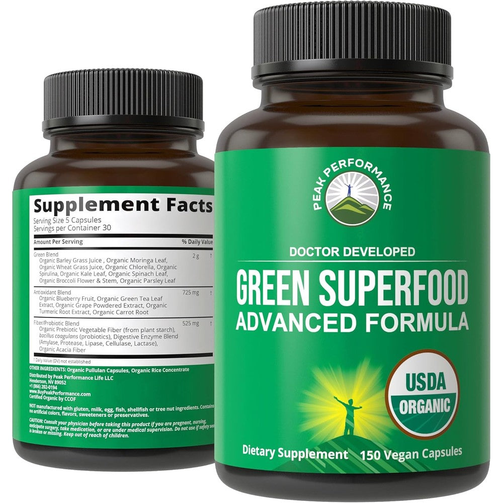 Peak Performance Organic Super Greens 150 capsules bottle front view showing USDA Organic certification label.