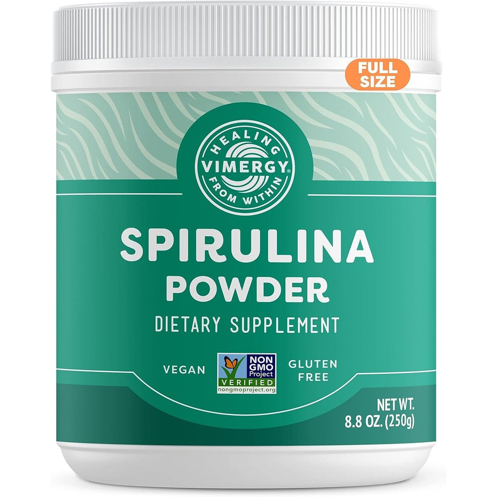Vimergy Spirulina Powder 250 Grams front packaging view showcasing authentic plant protein superfood supplement.