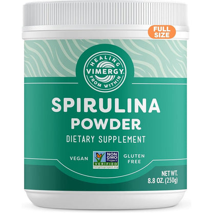 Vimergy Spirulina Powder 250 Grams front packaging view showcasing authentic plant protein superfood supplement.