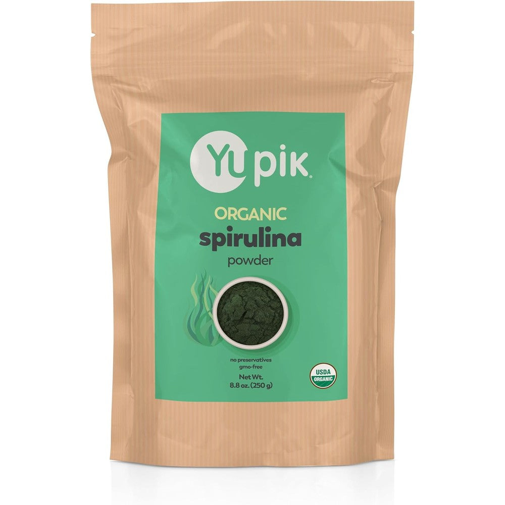 Yupik Organic Spirulina Powder front packaging showing premium vegan superfood supplement.