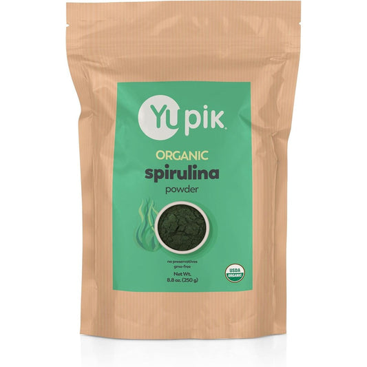 Yupik Organic Spirulina Powder front packaging showing premium vegan superfood supplement.