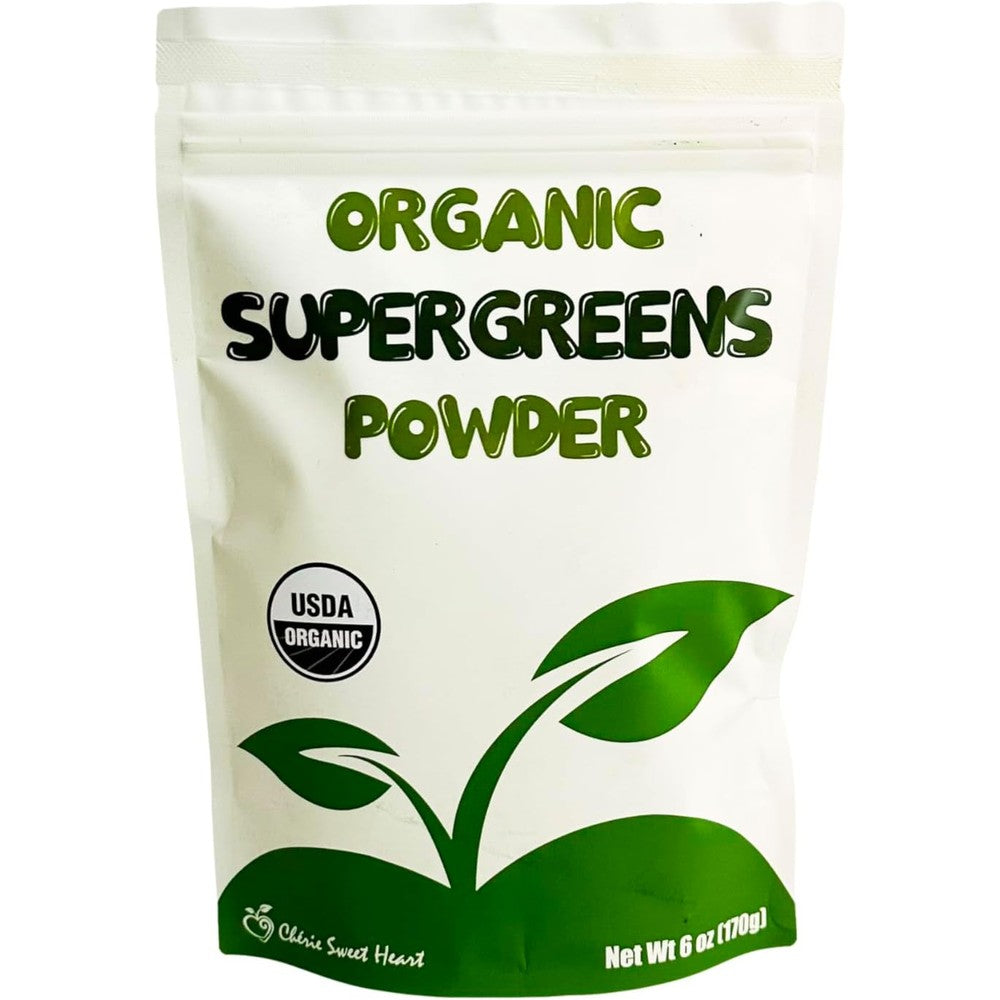 ChÃ©rie Sweet Heart Supergreens Powder front view of organic supplement jar