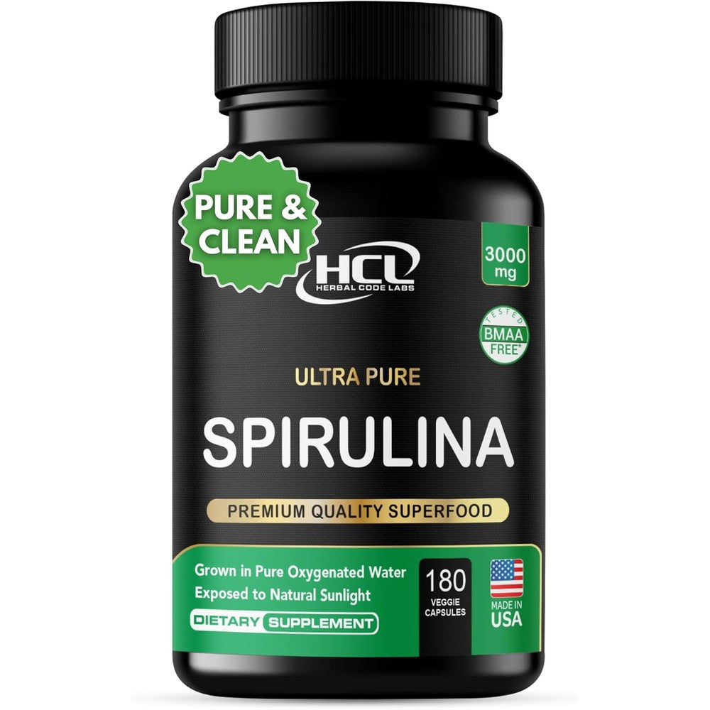 HCL Herbal Code Labs Spirulina Capsules 180 count front view bottle
